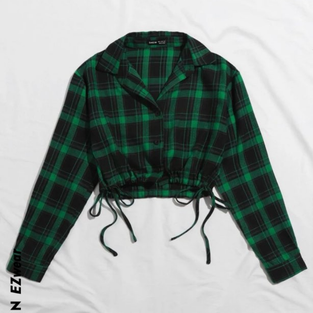 Shein Plaid Ruched Drawstring Crop Top